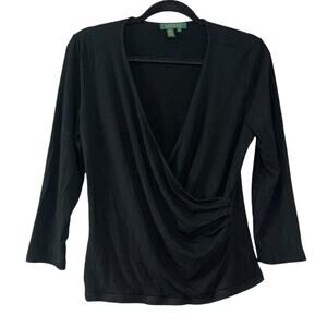 Lauren Ralph Lauren Black Faux Wrap Slinky Blouse Women’s L Office Workwear Top